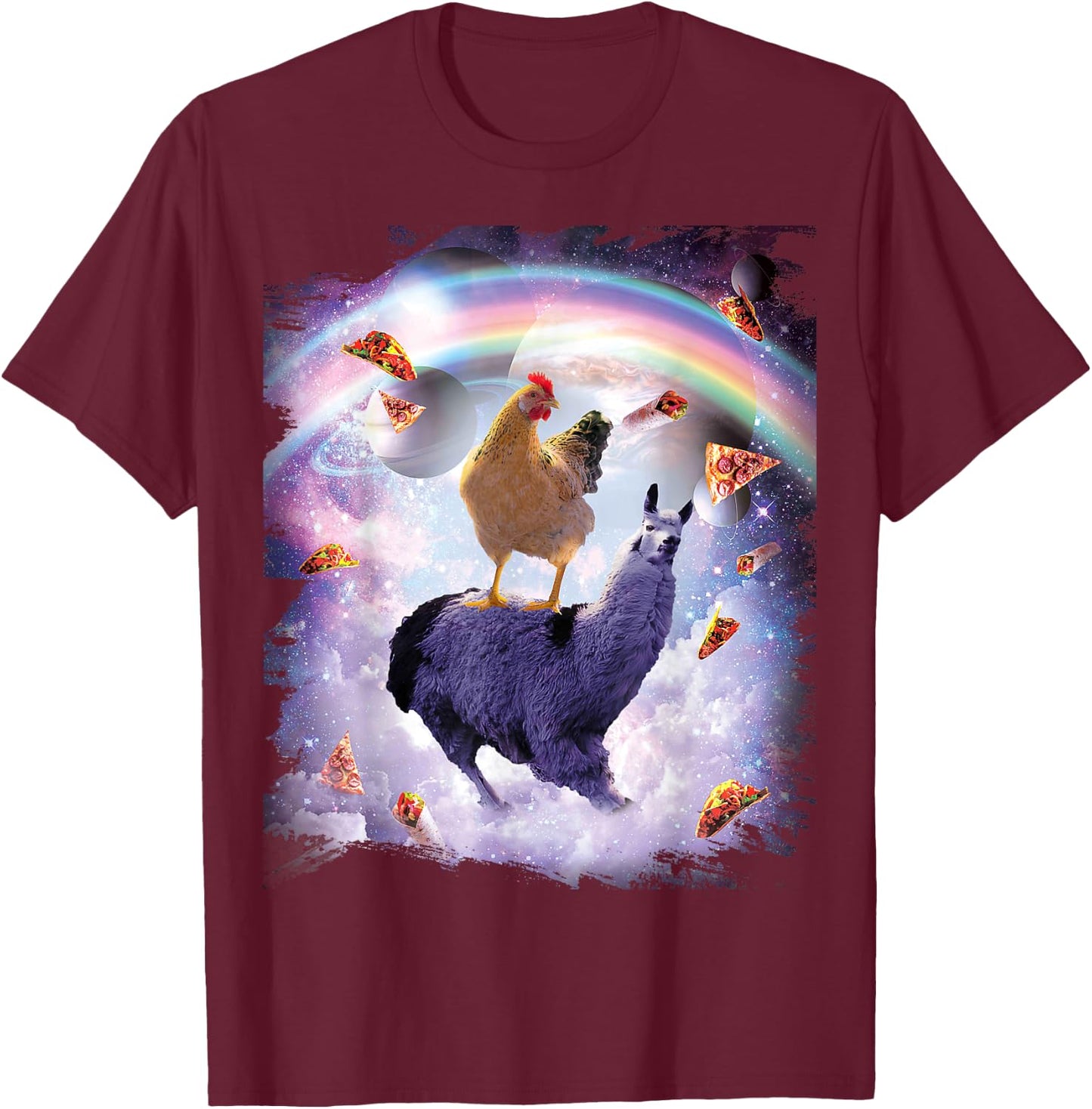 Chicken Riding Llama in Space - Rainbow T-Shirt - T-Shirt | Maroon
