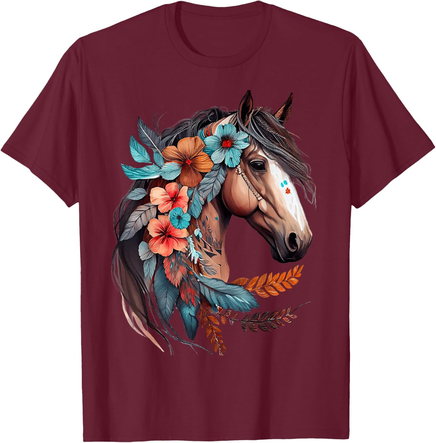 Floral Wild Horse Country Horse Riding T-Shirt - T-Shirt | Maroon