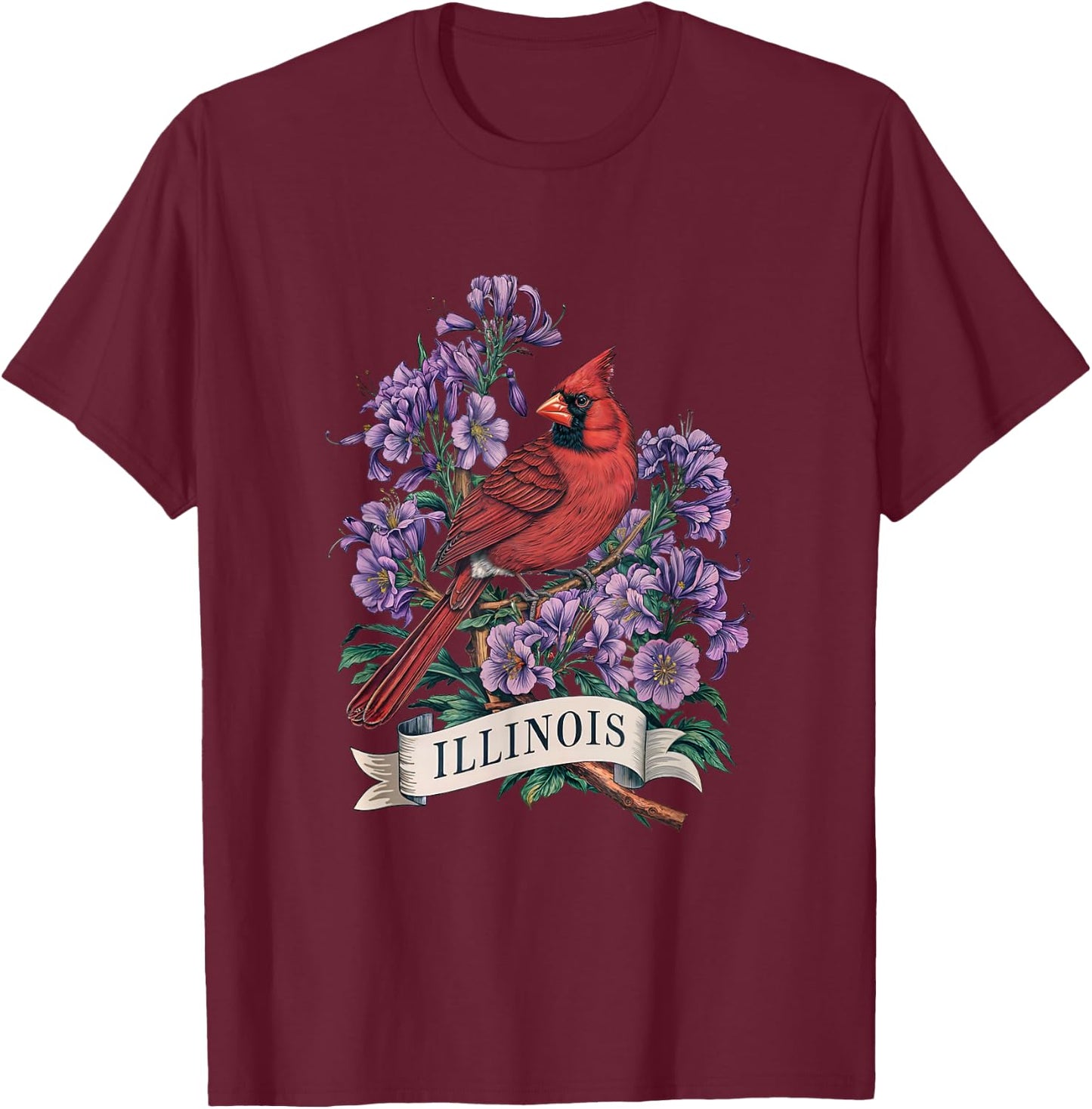 Illinois Northern Cardinal Bird and Violet Flower T-Shirt - T-Shirt | Maroon