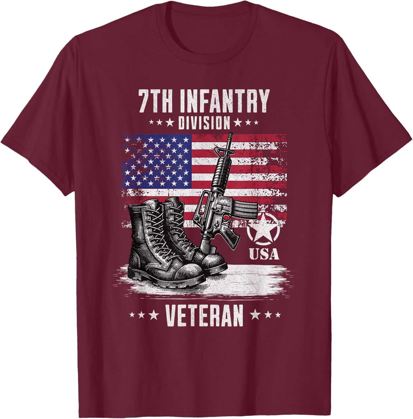 SoldierTees 7th Infantry Division Veteran Distressed -Adults - Black, Short Sleeve, Classic Fit, Military, Solid Color, Small T-Shirt - T-Shirt | Maroon