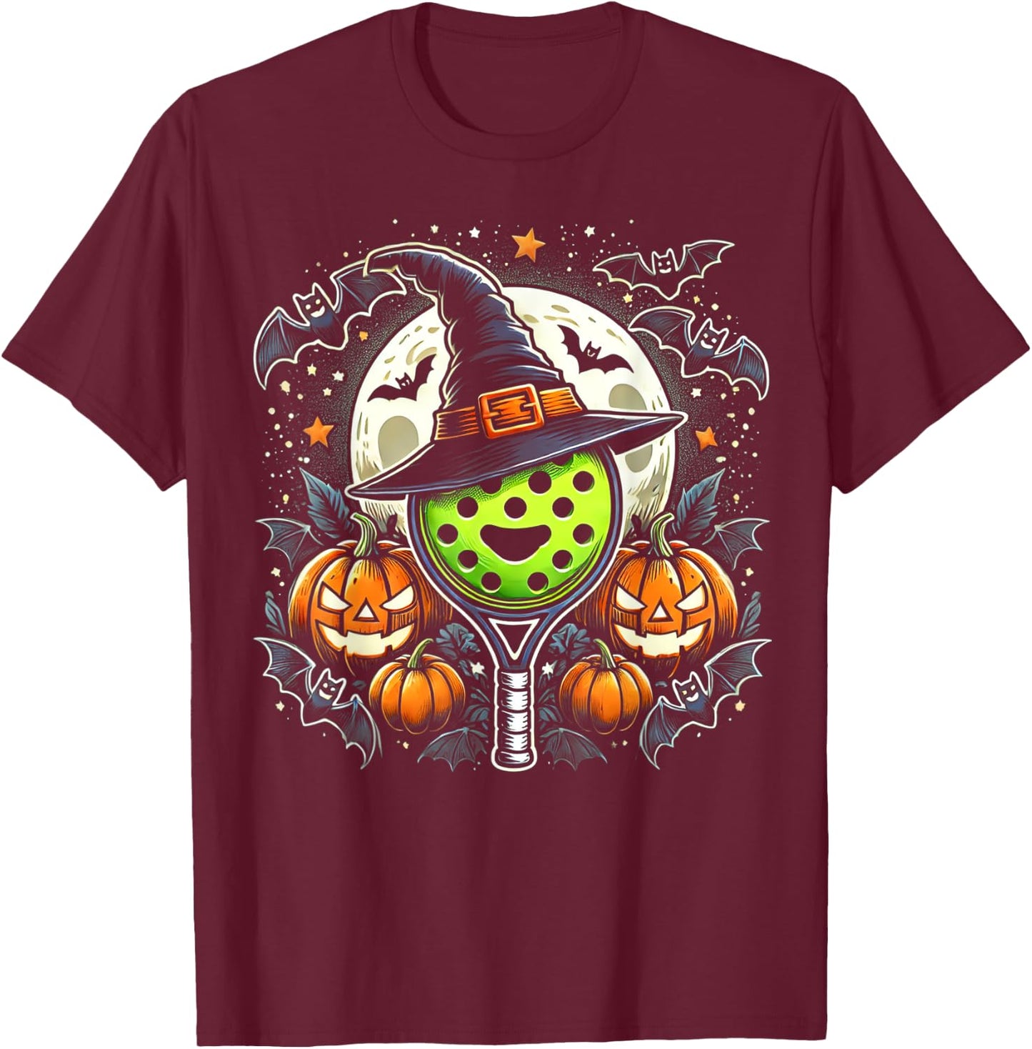 Pickleball Witch Halloween - Spooky Pumpkin Art T-Shirt - T-Shirt | Maroon