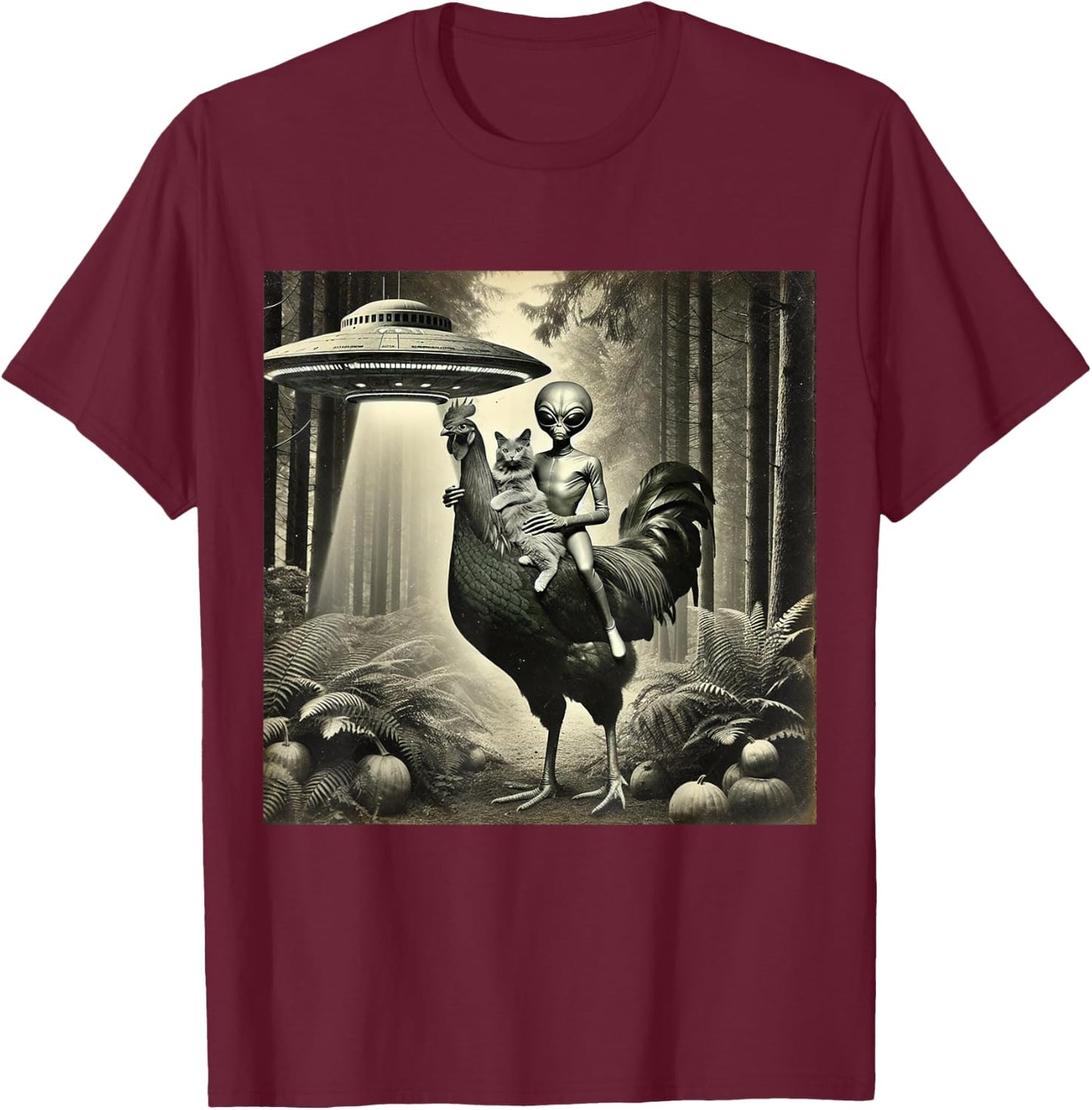 Funny UFO Alien and Cat Lovers Cat With Alien Riding Chicken -Adults, -Kids Black Short Sleeve T-Shirt - T-Shirt | Maroon