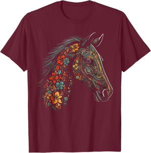 Horse Artwork Flowers - Colourful Riding Animals Horse T-Shirt - T-Shirt | Maroon