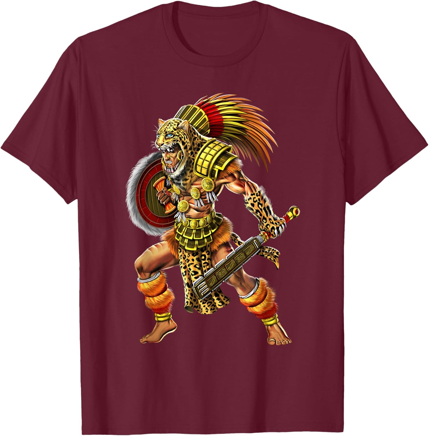 Aztec Jaguar Warrior Ancient Mayan Warrior T-Shirt - T-Shirt | Maroon