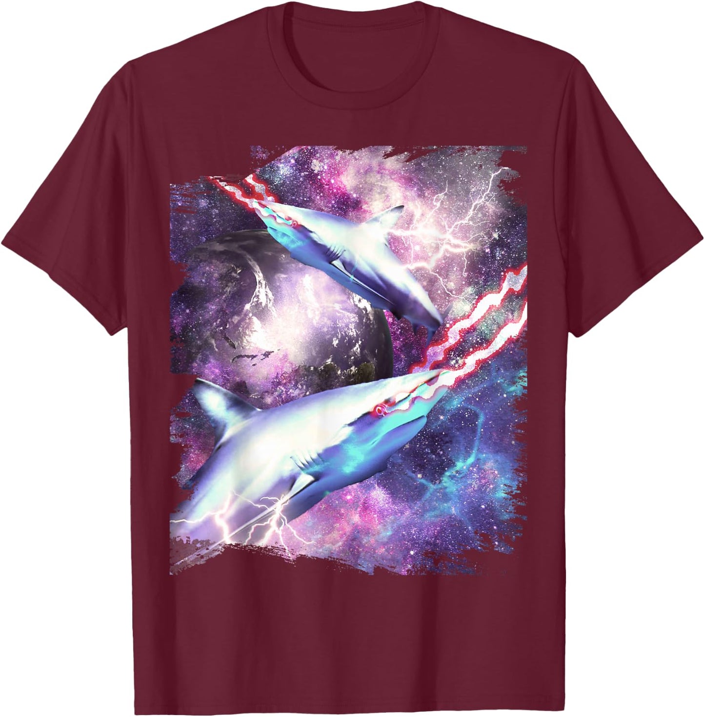 Laser Beam Eyes Shark in Space T-Shirt - T-Shirt | Maroon