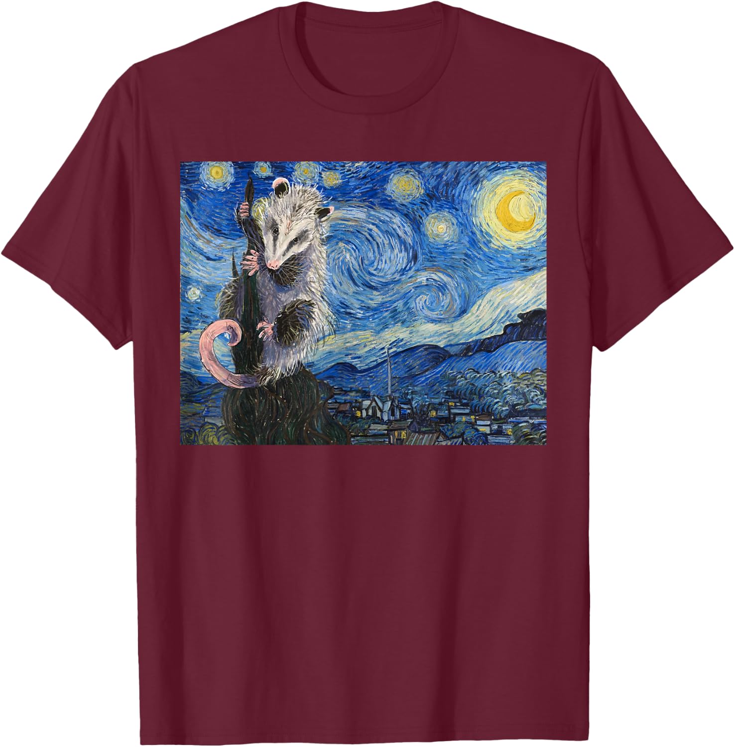 Starry Night Opossum Van Gogh Possum Funny Rodent Animal T-Shirt - T-Shirt | Maroon