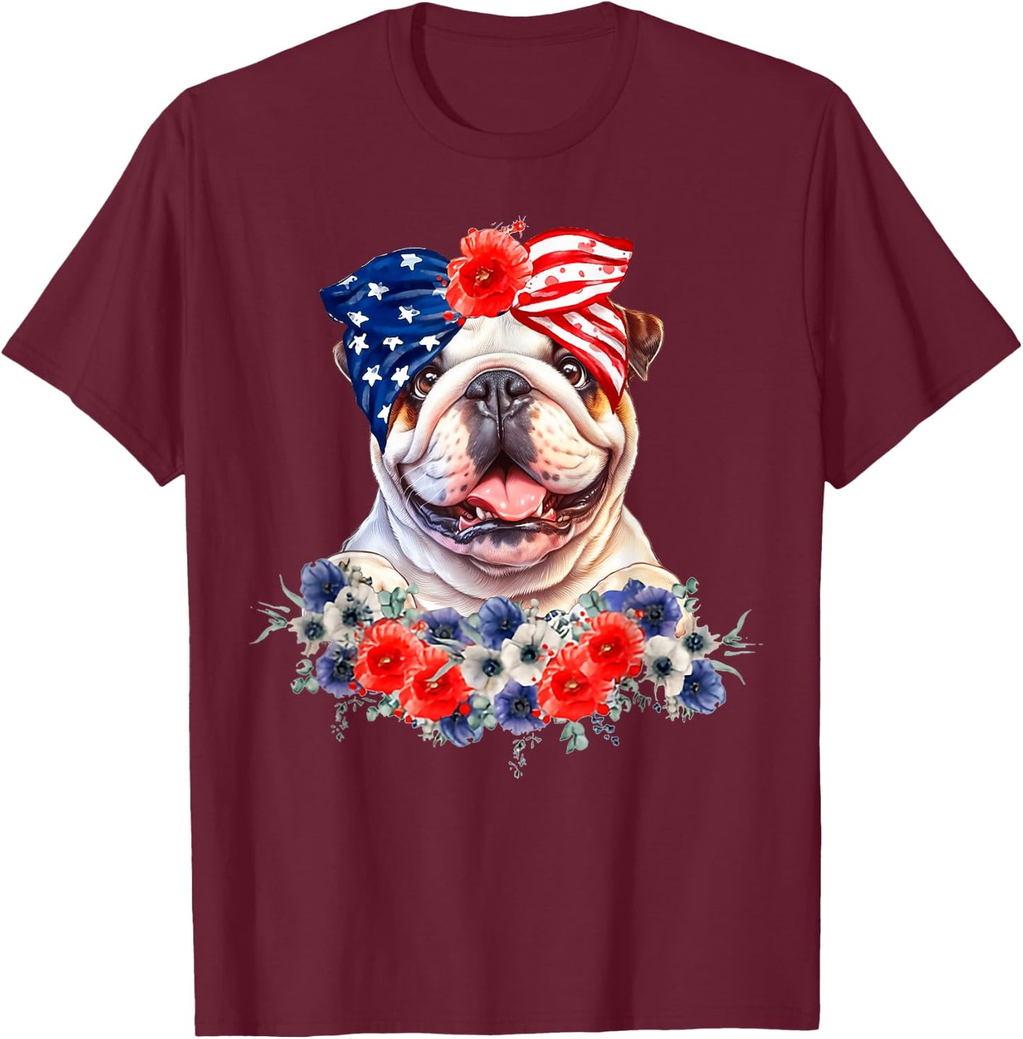 English Bulldog Dog Bandana American Flag 4th Of July T-Shirt - T-Shirt | Maroon