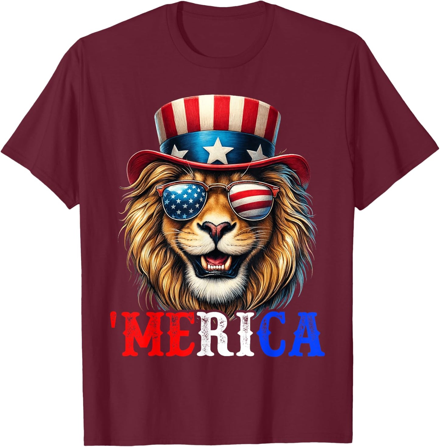 Merica Lion Patriotic 4th of July Funny Kids Men Women T-Shirt - T-Shirt | Maroon