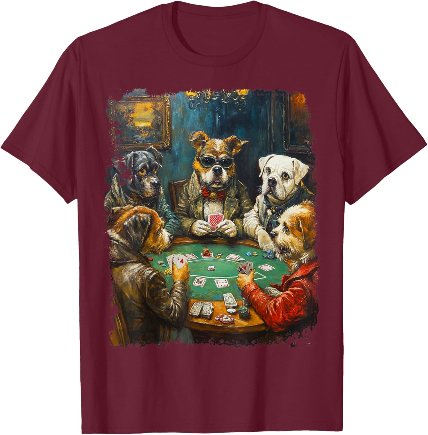 Playing Cards Pop Art Gambling Dogs Playing Poker Cards T-Shirt - T-Shirt | Maroon