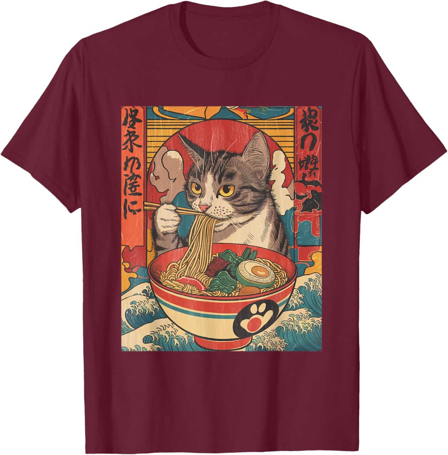 Cat Eating Ramen Noodles Kawaii Anime Cat Japanese Food T-Shirt - T-Shirt | Maroon