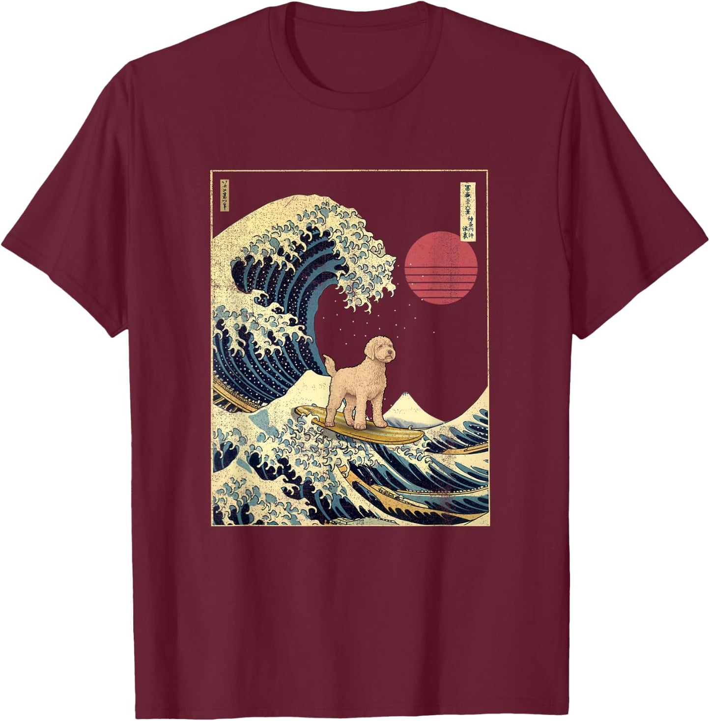 Labradoodle Japanese Kanagawa Wave Funny Surf Dog T-Shirt - T-Shirt | Maroon