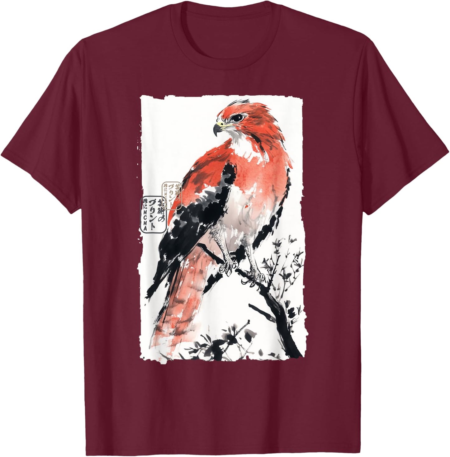 Japanese Falcon Ink Art Traditional Watercolor Sumi-E Style T-Shirt - T-Shirt | Maroon