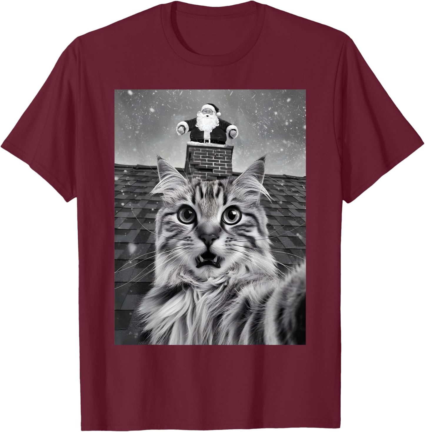 Cat Selfie With Santa Claus PJ Party Merry Christmas T-Shirt - T-Shirt | Maroon