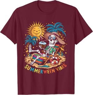 Funny Summerween Vibes Skeleton Summer Vacation Beach Men Women T-Shirt - T-Shirt | Maroon