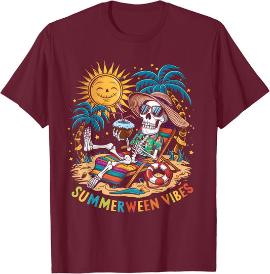 Funny Summerween Vibes Skeleton Summer Vacation Beach Men Women T-Shirt - T-Shirt | Maroon