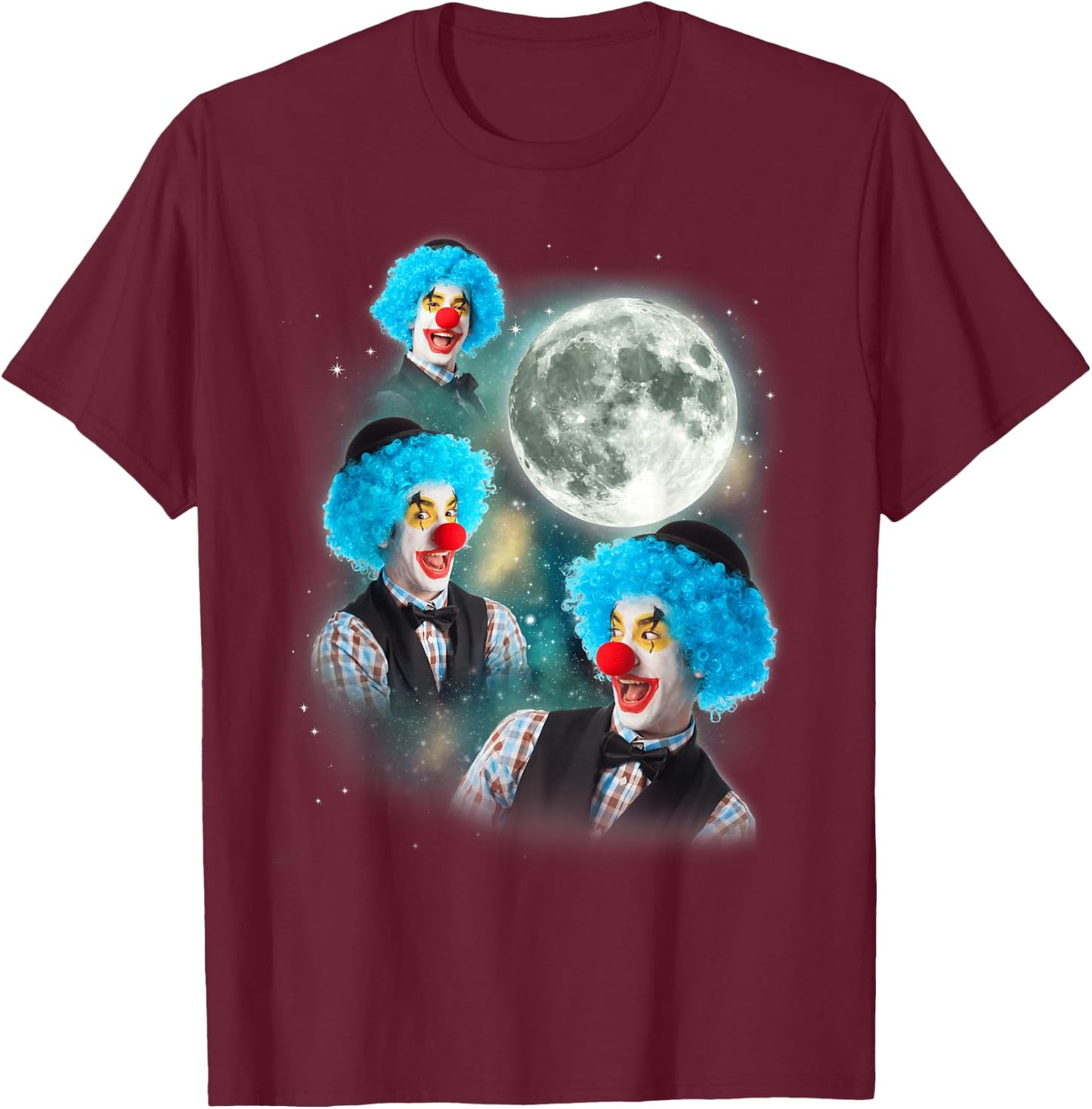 Three Clown Moon | 3 Circus Clowns Ugly Cursed Meme T-Shirt - T-Shirt | Maroon
