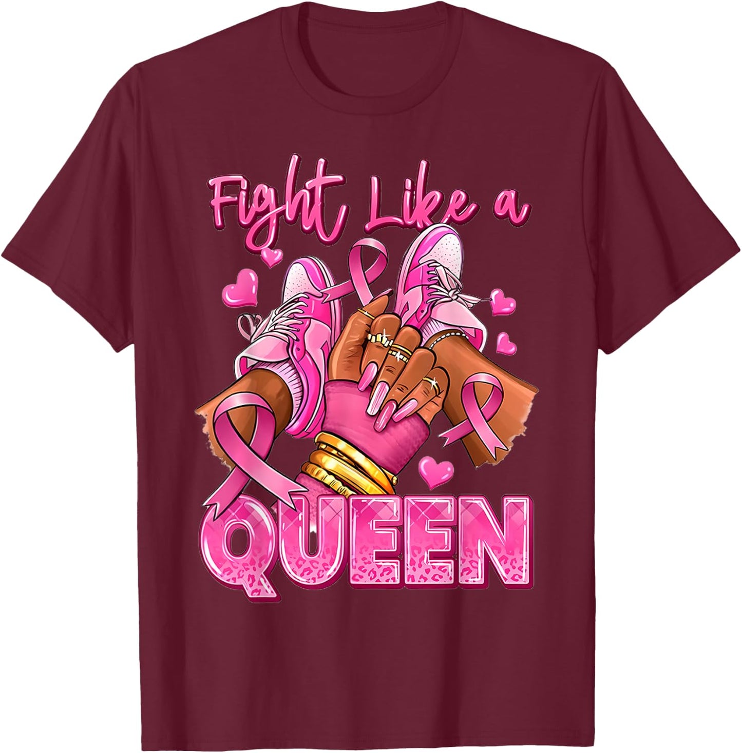 Fight Like A Queen Afro Girl Sneakers Breast Cancer Warrior T-Shirt - T-Shirt | Maroon