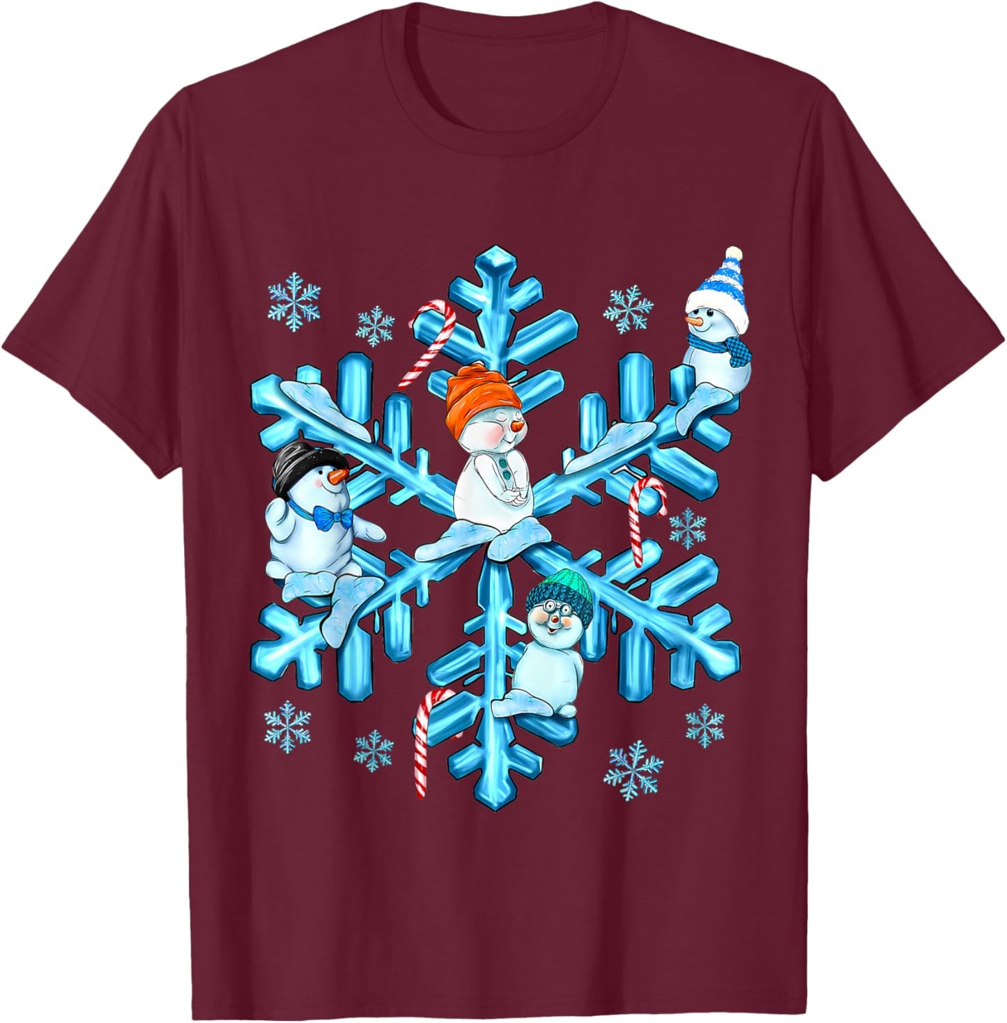 Xmas Blue Snowflake Snowman Merry Christmas Family Snow Day T-Shirt - T-Shirt | Maroon