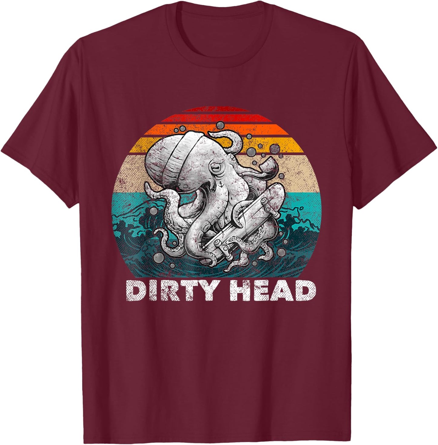 Vintage Dirty Octopus Heads With Skateboard Music Lover T-Shirt - T-Shirt | Maroon