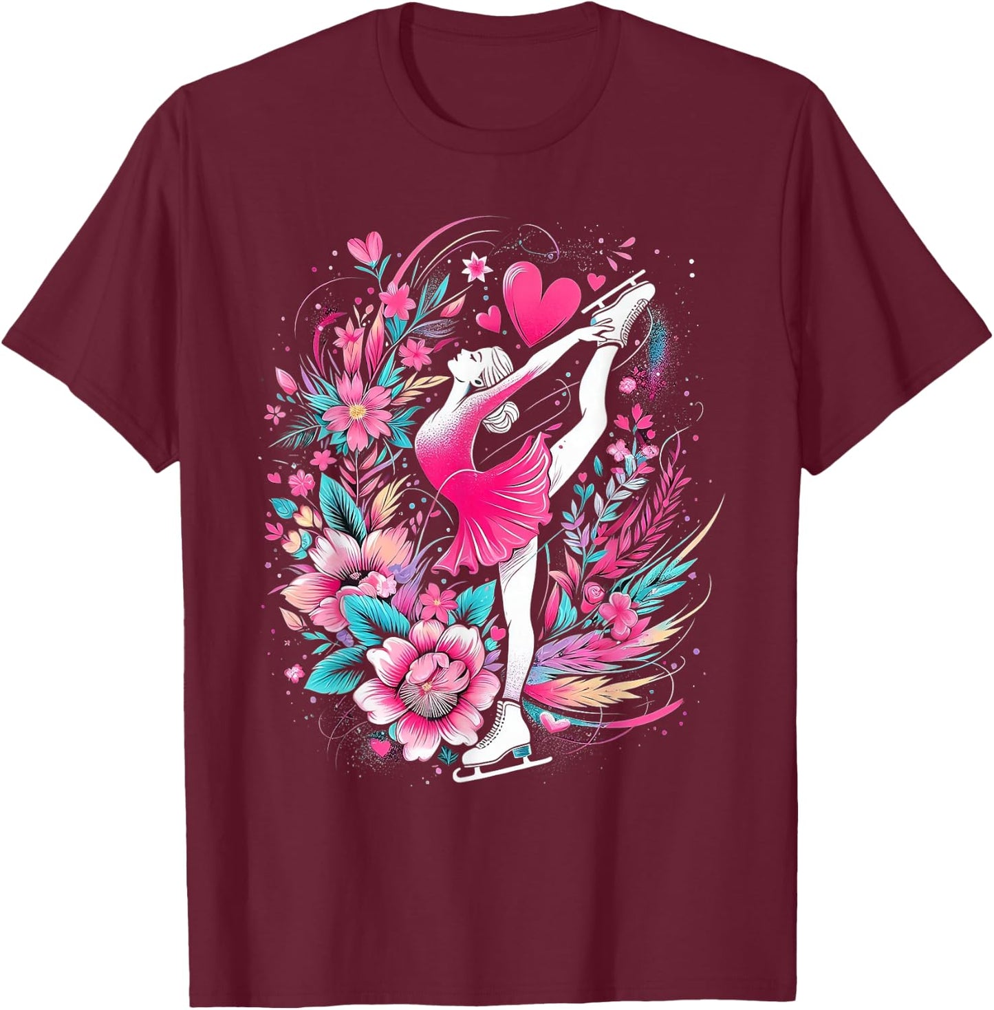 Ice skating girl floral skater girl T-Shirt - T-Shirt | Maroon