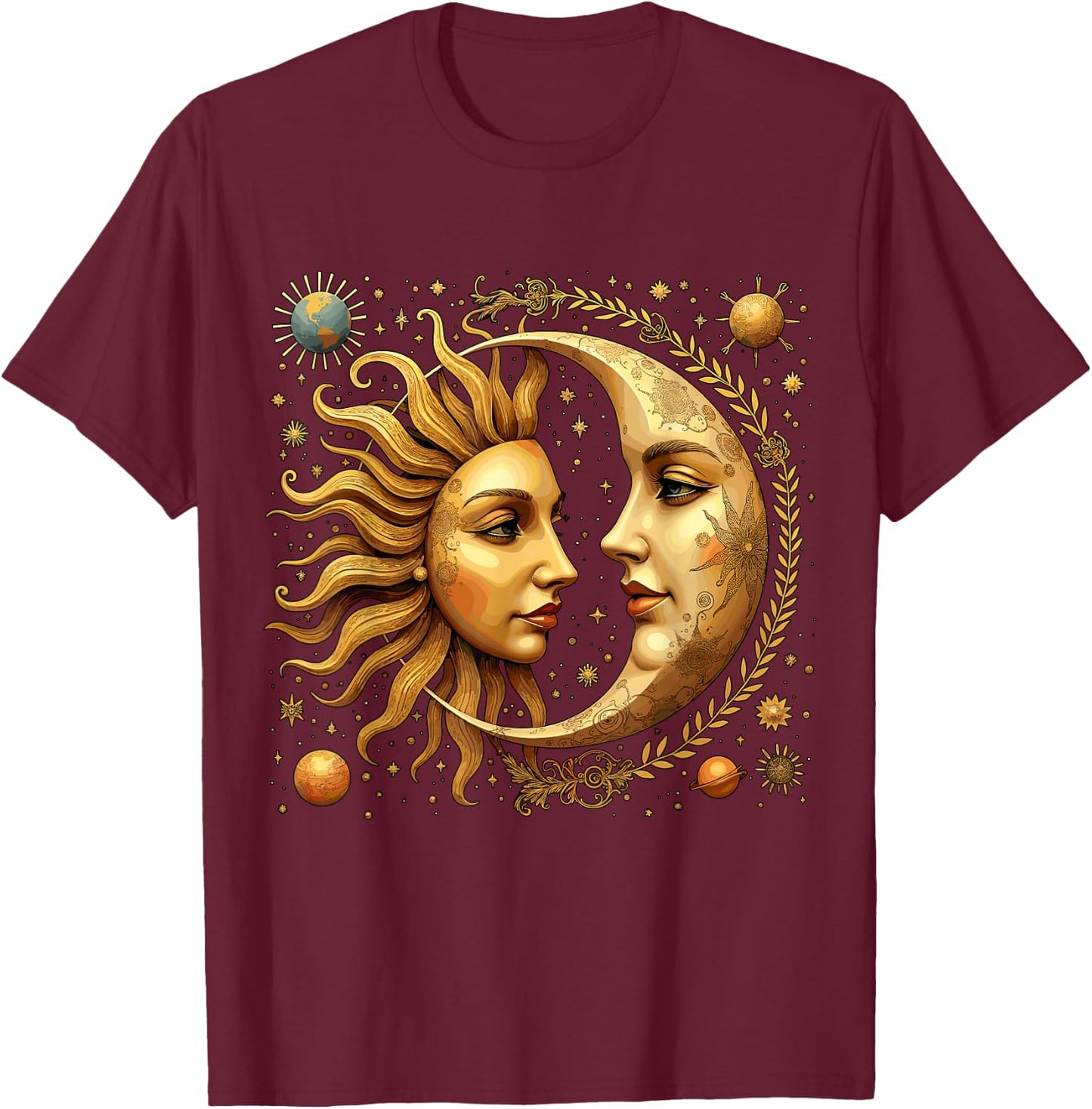 Celestial Moon and Sun Astrology T-Shirt - T-Shirt | Maroon