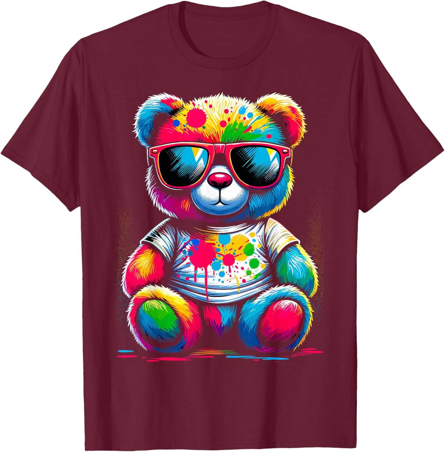 Colorful Teddy Bear with Sunglasses T-Shirt - T-Shirt | Maroon