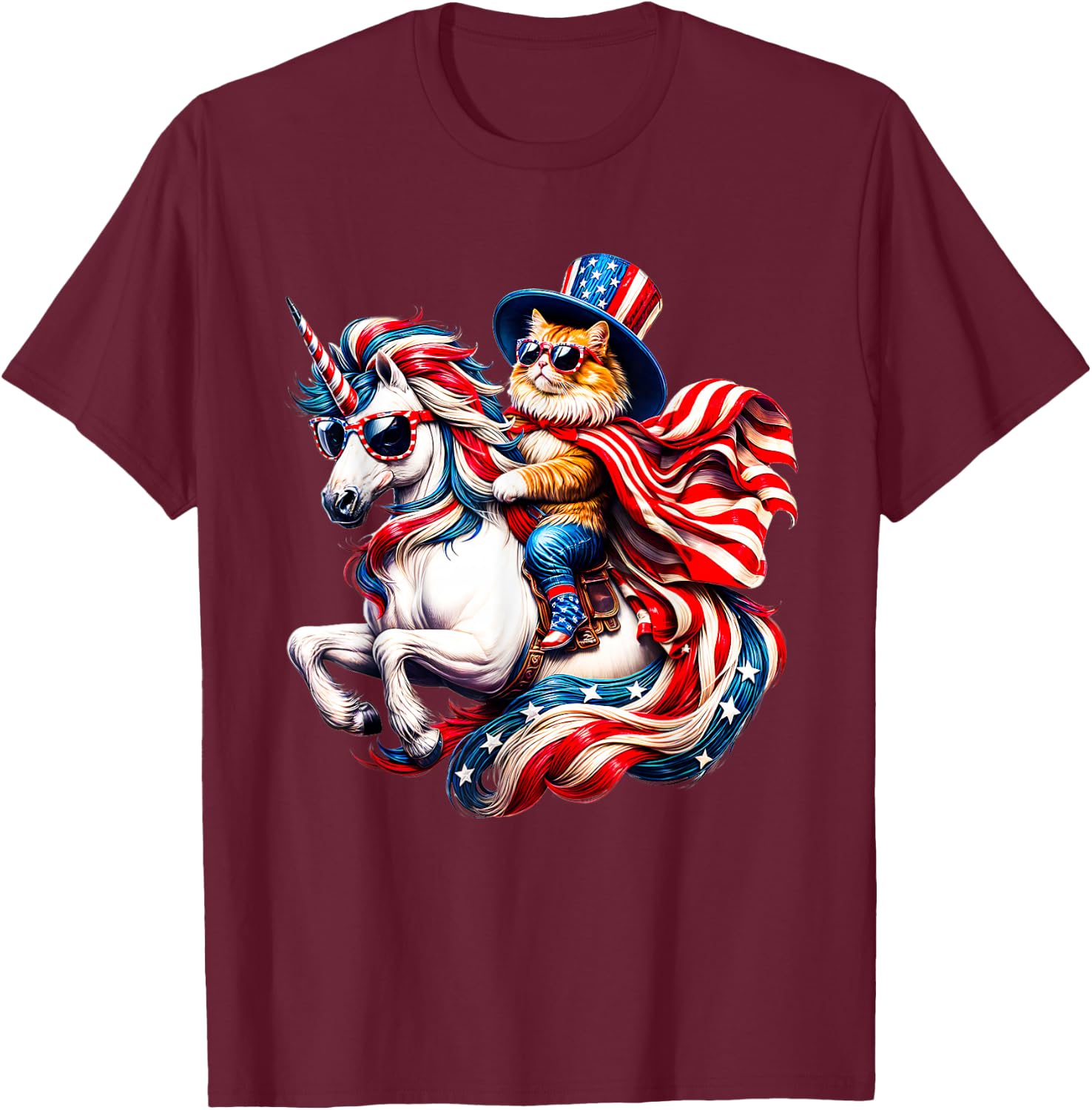 Cat Riding Unicorn USA Flag Patriotic 4th of July T-Shirt - T-Shirt | Maroon
