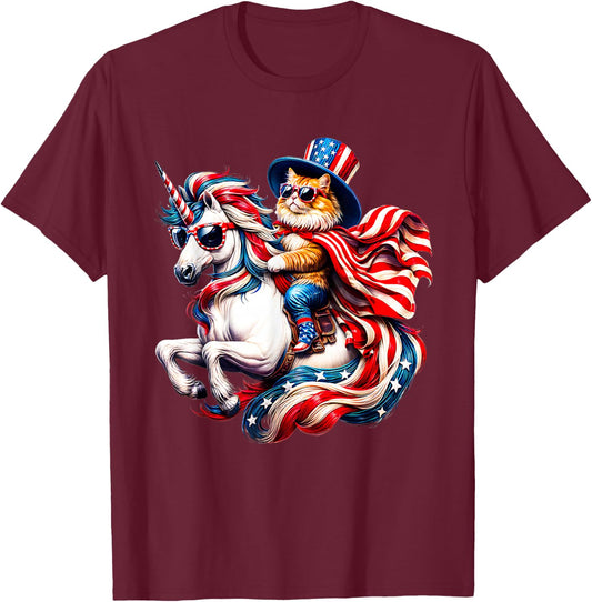 Cat Riding Unicorn USA Flag Patriotic 4th of July T-Shirt - T-Shirt | Maroon