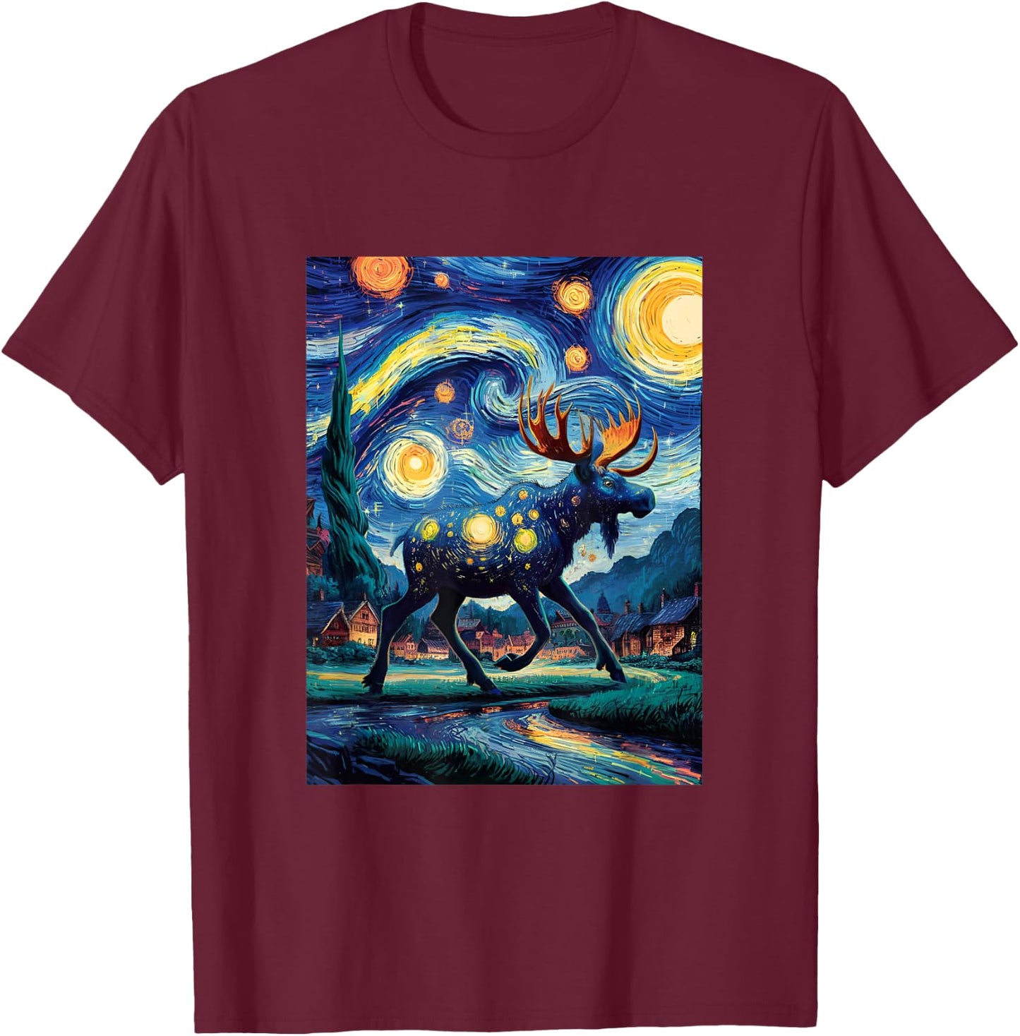 Artistic Moose Van Gogh Style Starry Night The Moose Lovers T-Shirt - T-Shirt | Maroon
