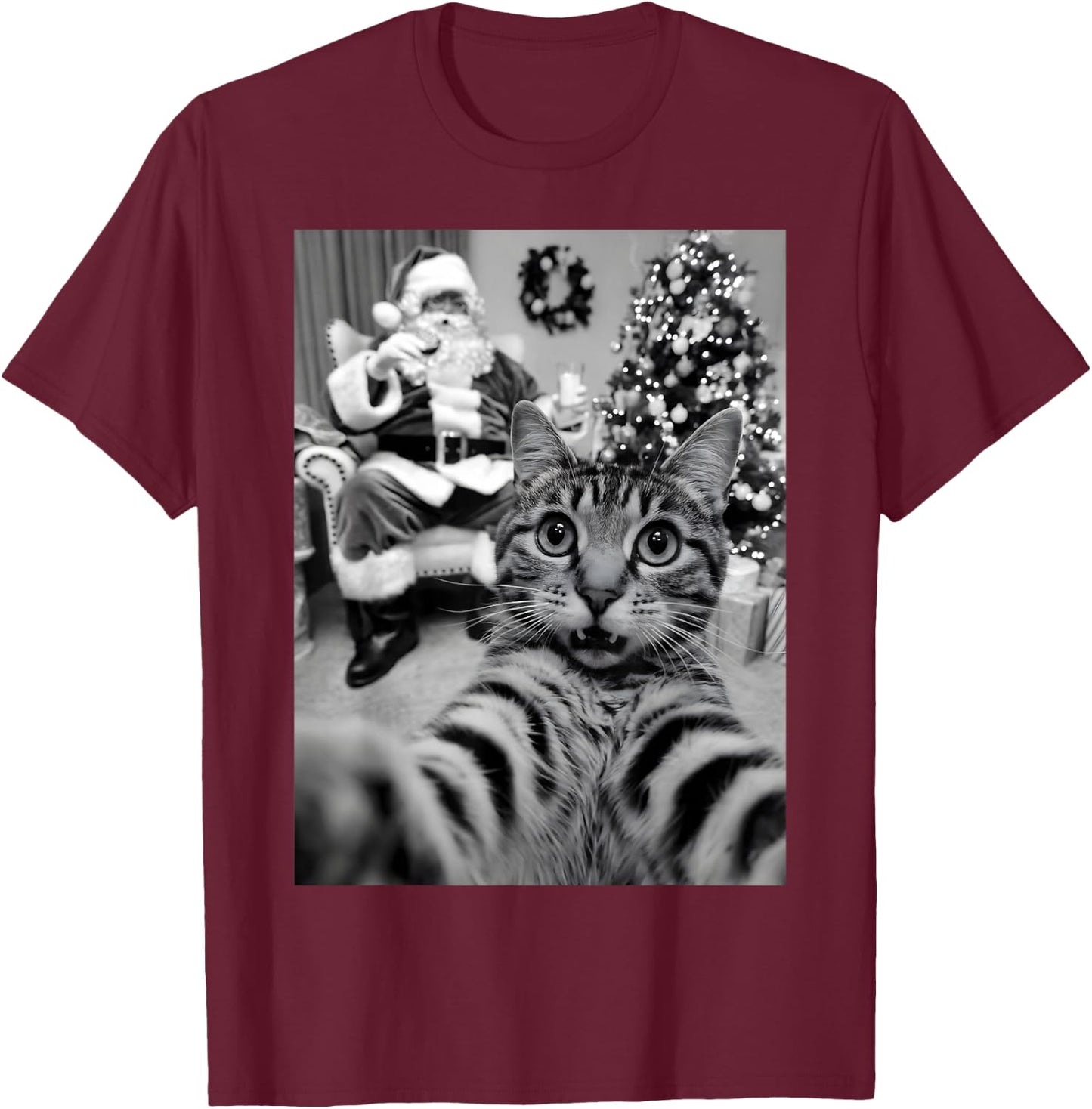 Christmas Santa Claus Merry X-Mas Funny Cat Selfie T-Shirt - T-Shirt | Maroon
