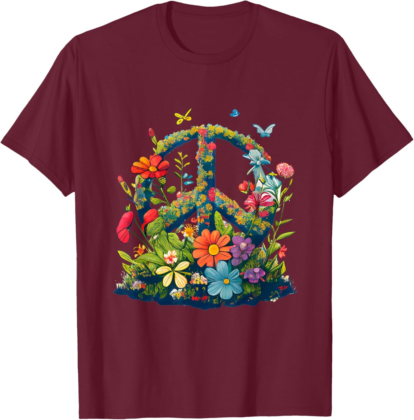 Peace Sign with Flowers and Butterflies, Peace T-Shirt - T-Shirt | Maroon