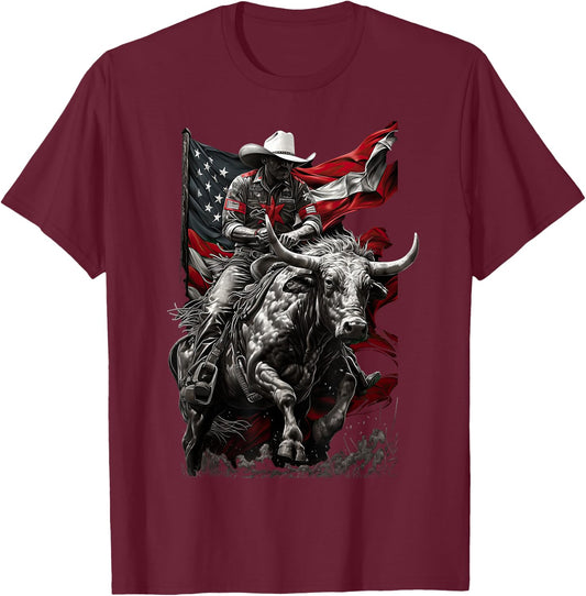 Rodeo Bucking Bull Riding Cowboy western T-Shirt - T-Shirt | Maroon