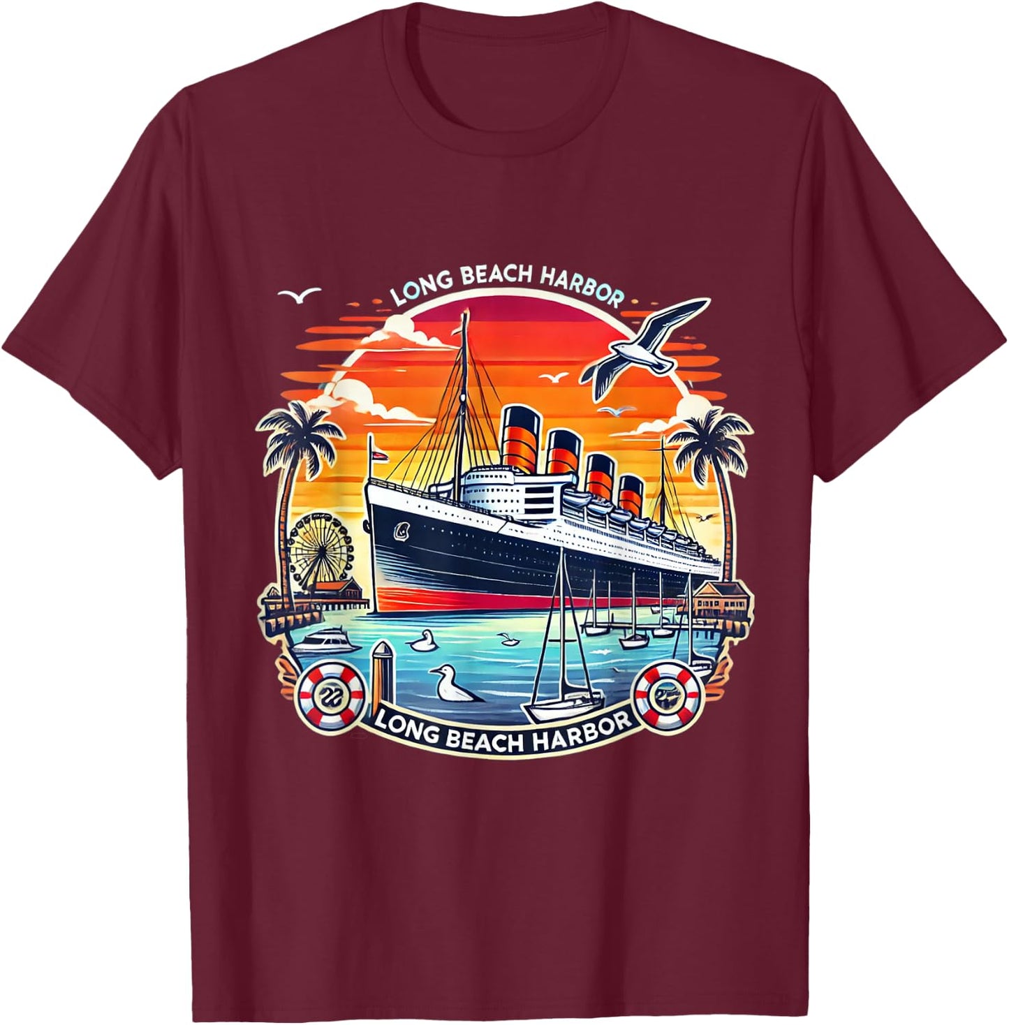 The Queen Mary Long Beach - Historic Ocean Liner T-Shirt - T-Shirt | Maroon