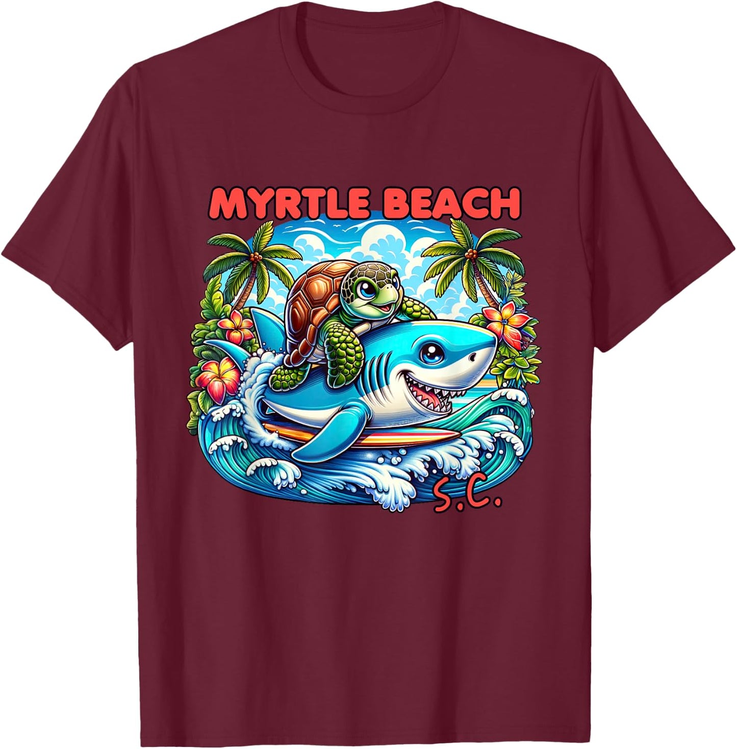 Myrtle Beach South Carolina Turtle and Shark T-Shirt - T-Shirt | Maroon