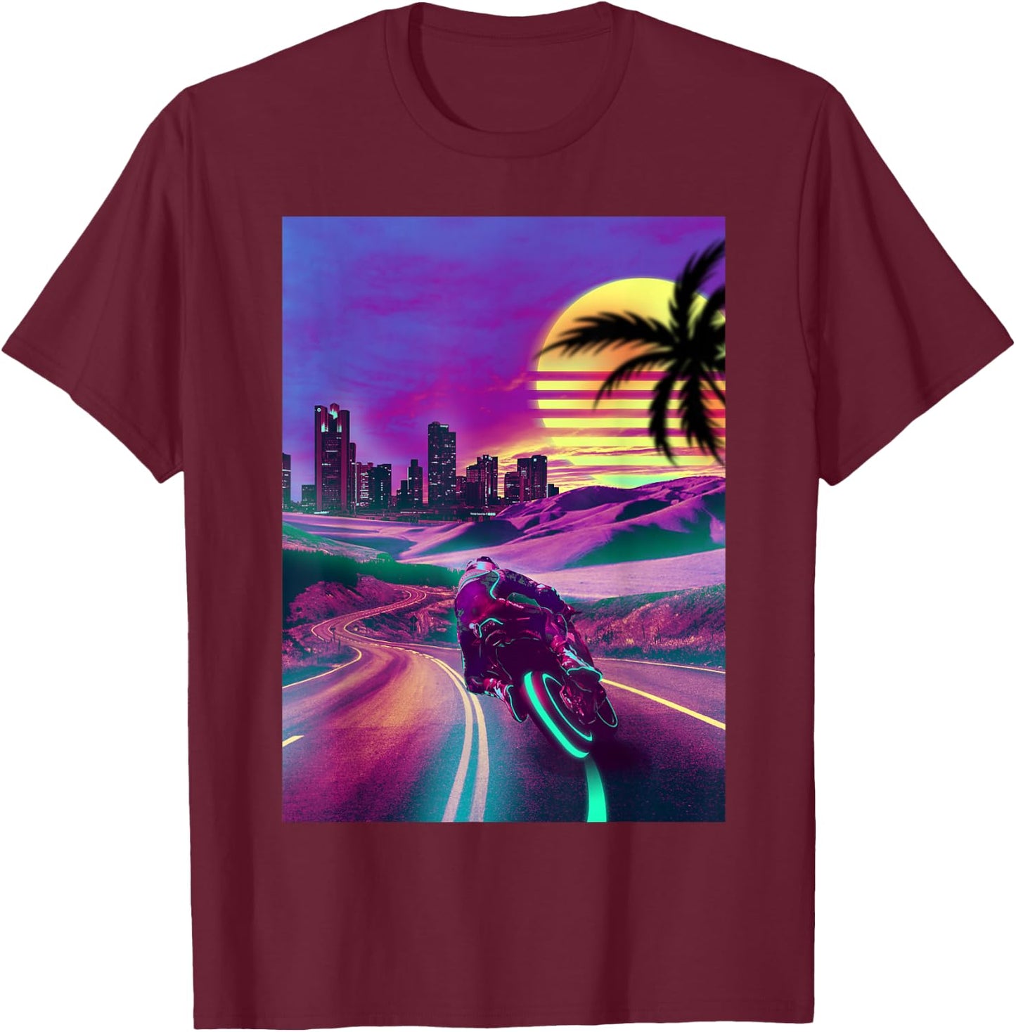 Outrun Vaporwave Retro 80s Synthwave Motorcycle Biker Racing T-Shirt - T-Shirt | Maroon