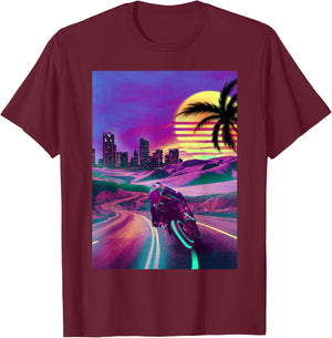 Outrun Vaporwave Retro 80s Synthwave Motorcycle Biker Racing T-Shirt - T-Shirt | Maroon