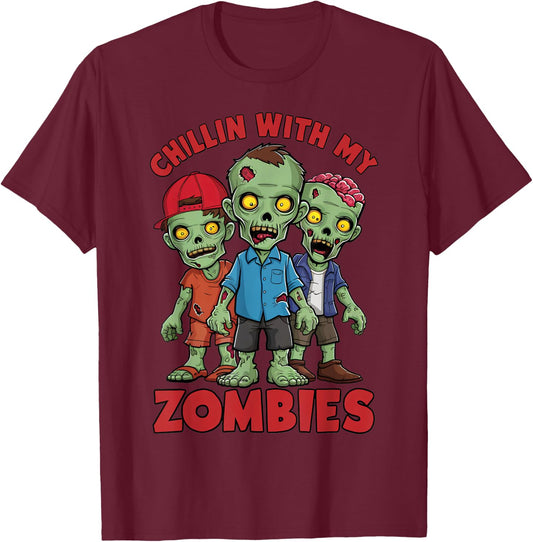 Chillin With My Zombies Halloween Boys Kids Funny T-Shirt - T-Shirt | Maroon