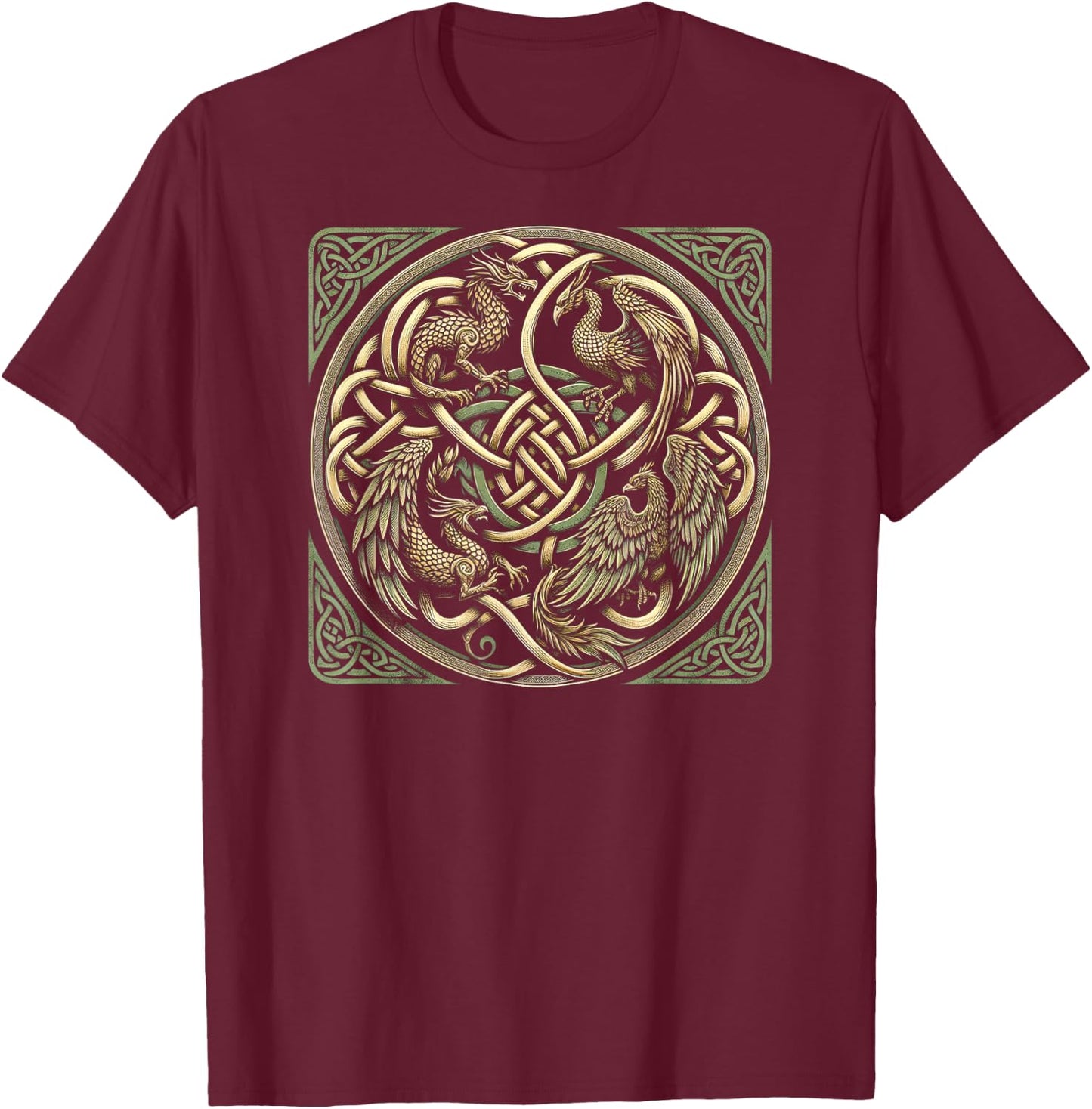 Intricate Celtic Knot with Dragon and Phoenix T-Shirt - T-Shirt | Maroon