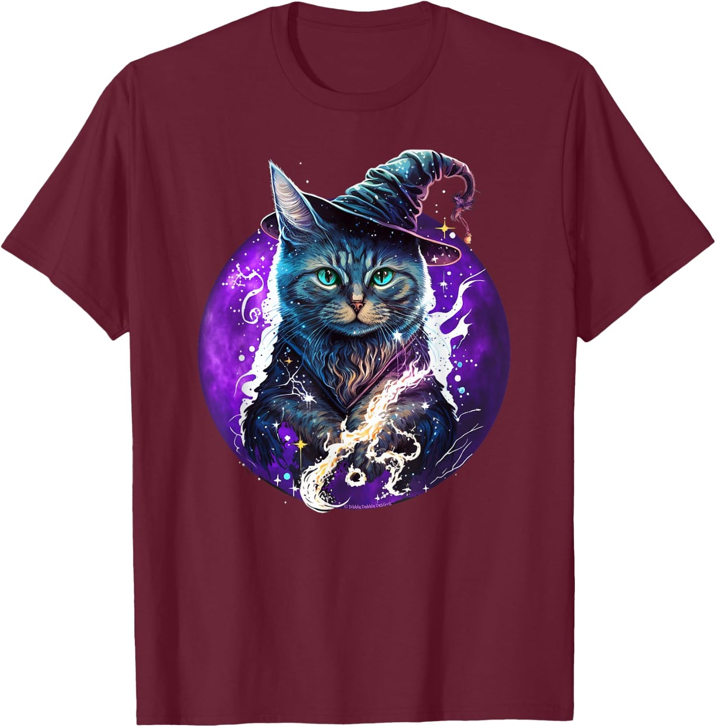 Beautiful Wiccan Cat with a Witch Hat Purple Moon Witchy Cat T-Shirt - T-Shirt | Maroon