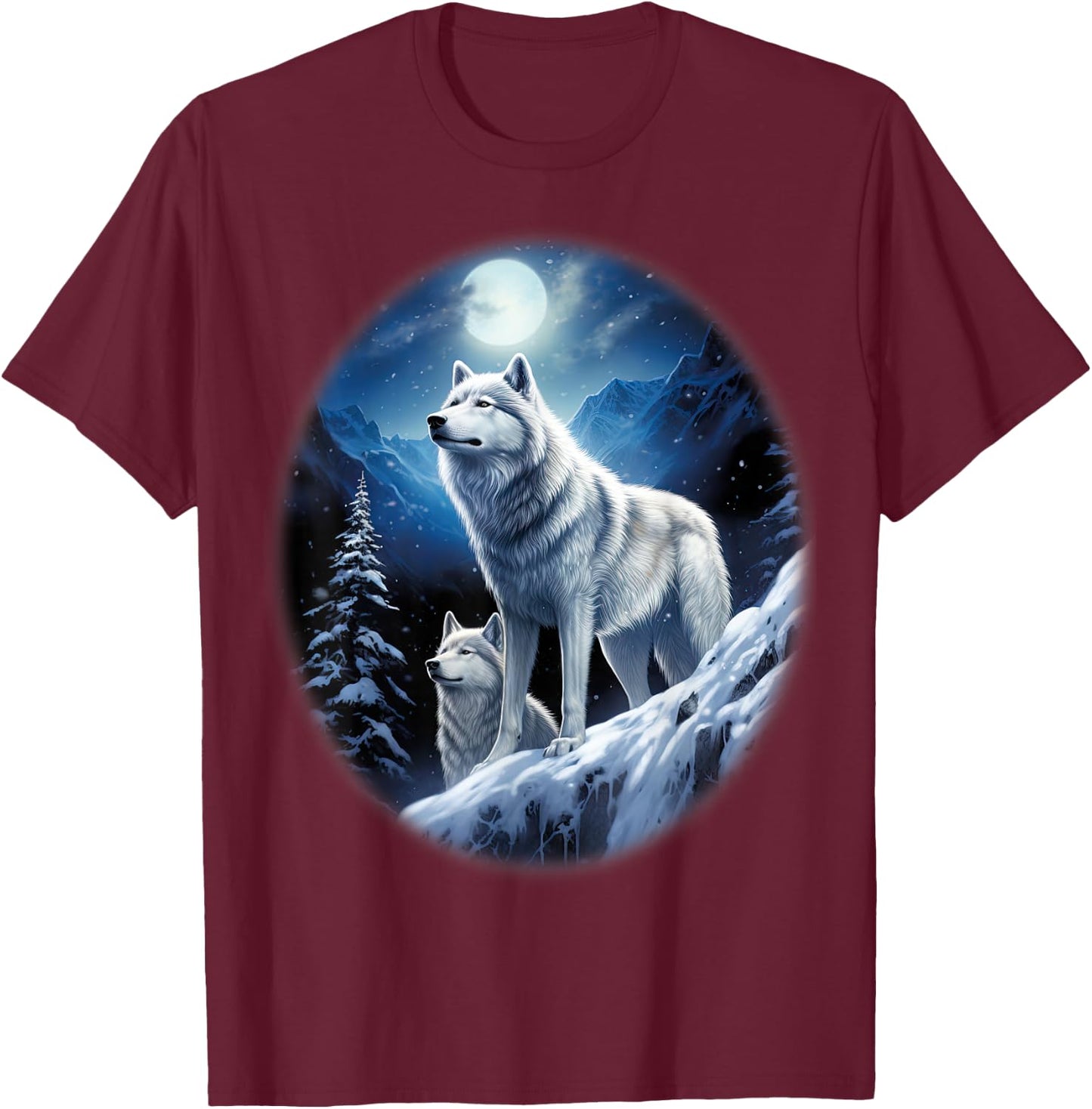Wolves on an icy hill in the mountains with shiny moon T-Shirt - T-Shirt | Maroon