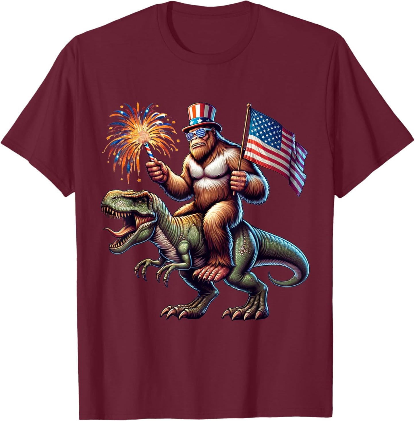 Bigfoot Sasquatch Riding Dinosaur T rex. Funny 4th of July T-Shirt - T-Shirt | Maroon