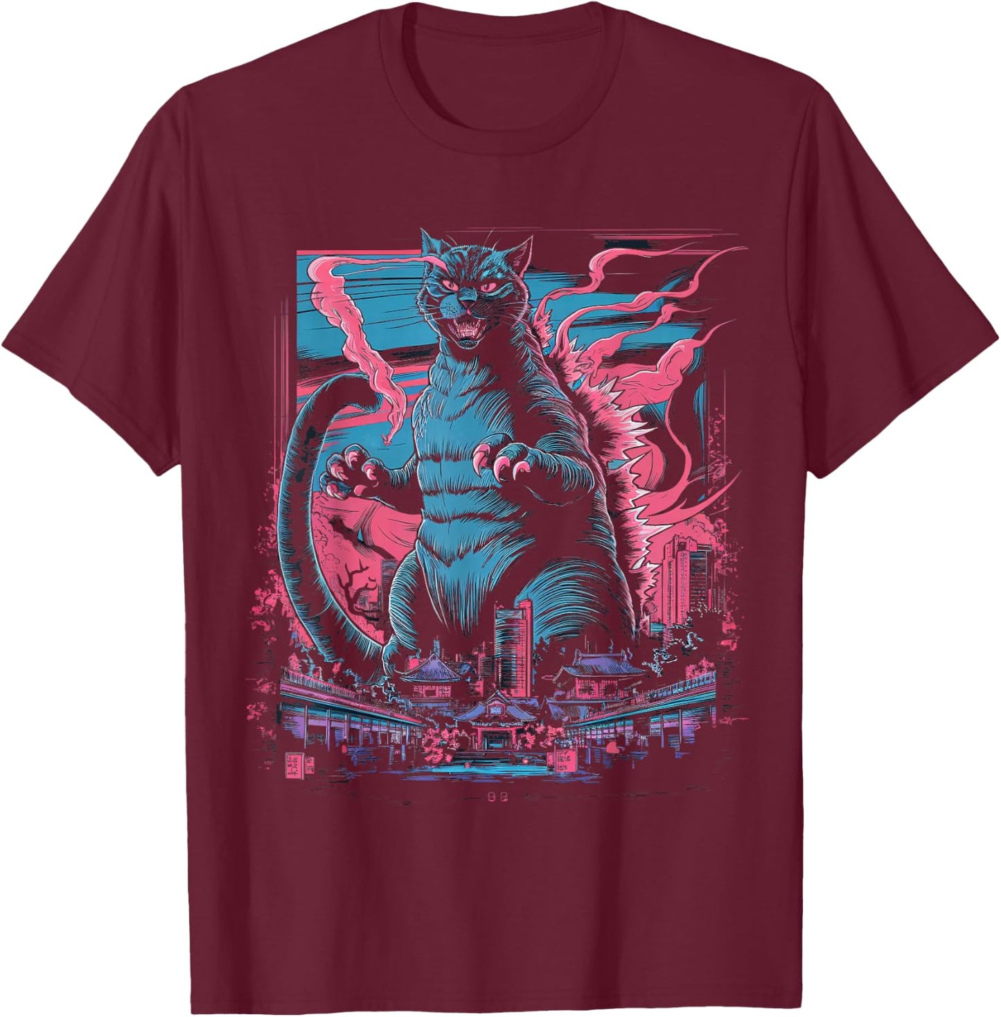 Catzilla Cat Japanese Art Funny Cat Women Kid T-Shirt - T-Shirt | Maroon