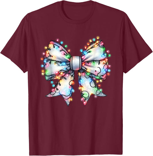 Christmas Light Coquette Bow Christmas Season Girls T-Shirt - T-Shirt | Maroon