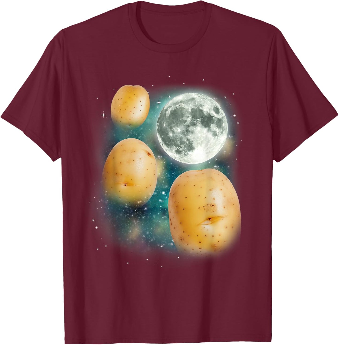 Three Potato Moon | 3 Spuds Howling Potato Farmer Vegetable T-Shirt - T-Shirt | Maroon