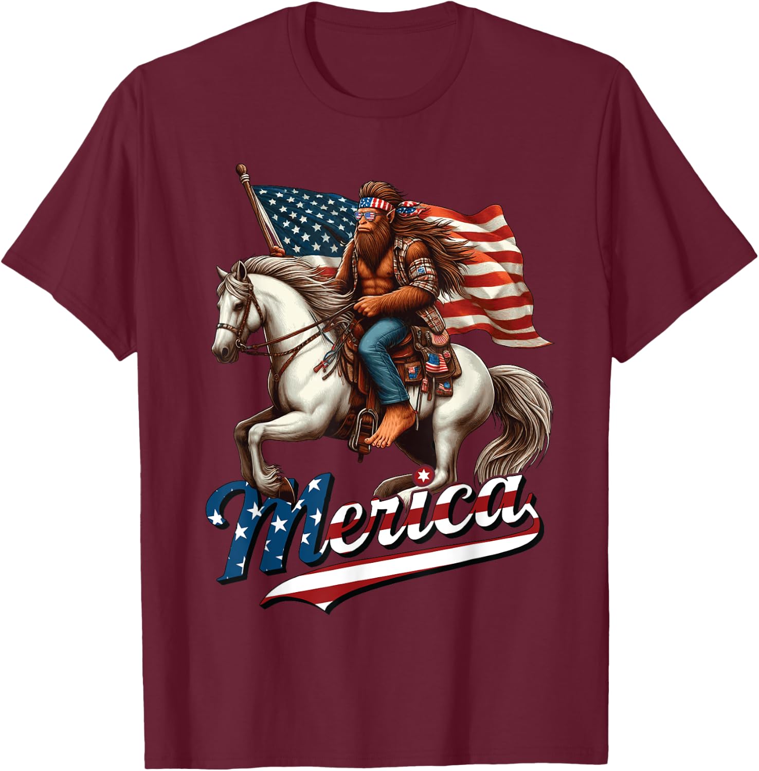 Funny Bigfoot Merica USA Mullet Bandana Horse Riding T-Shirt - T-Shirt | Maroon
