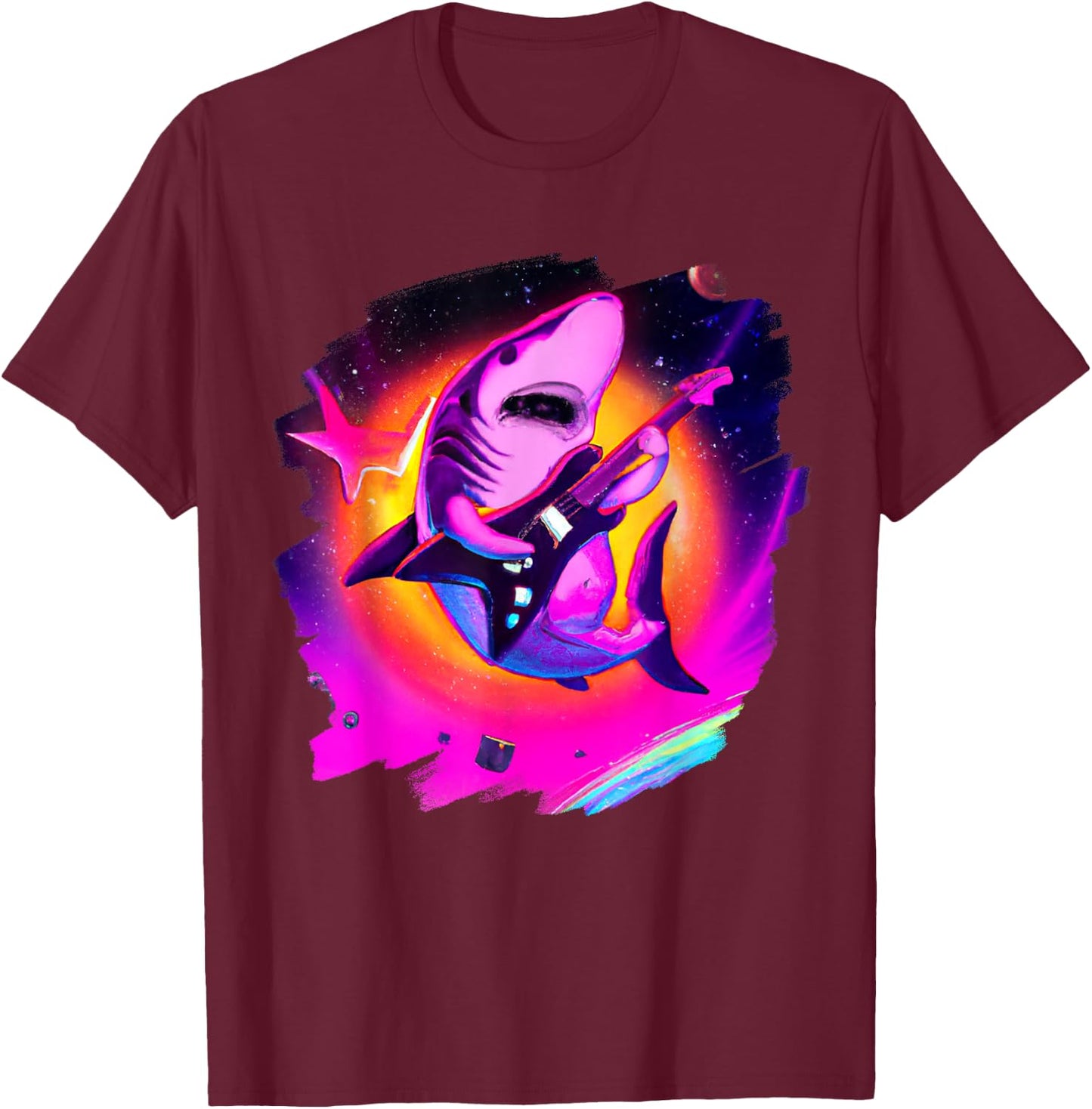 Shark Playing Guitar in Space Outer Space Sharks T-Shirt - T-Shirt | Maroon