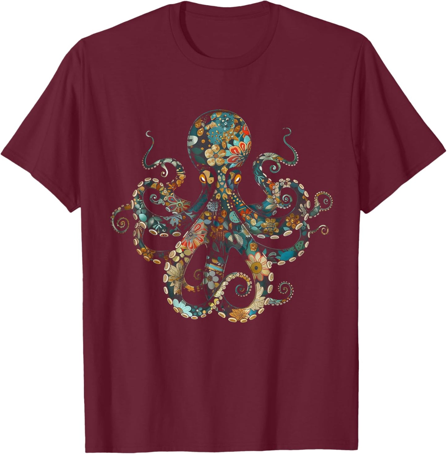 Octopus Floral Vintage Flowers Squid Kraken Scuba Diving T-Shirt - T-Shirt | Maroon