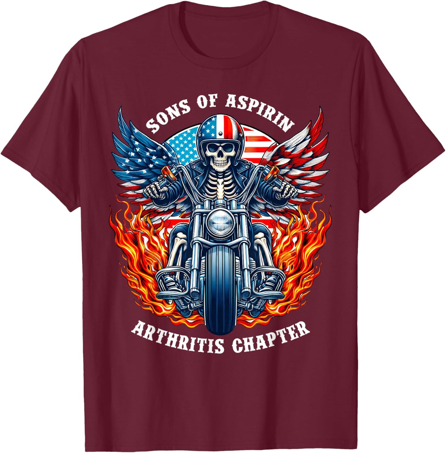 Sons of Aspirin Arthritis Chapter Skeleton Motorcycle Rider T-Shirt - T-Shirt | Maroon