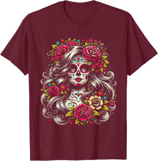 De Los Muertos La Catrina Day of the Dead Sugar Skull Women T-Shirt - T-Shirt | Maroon
