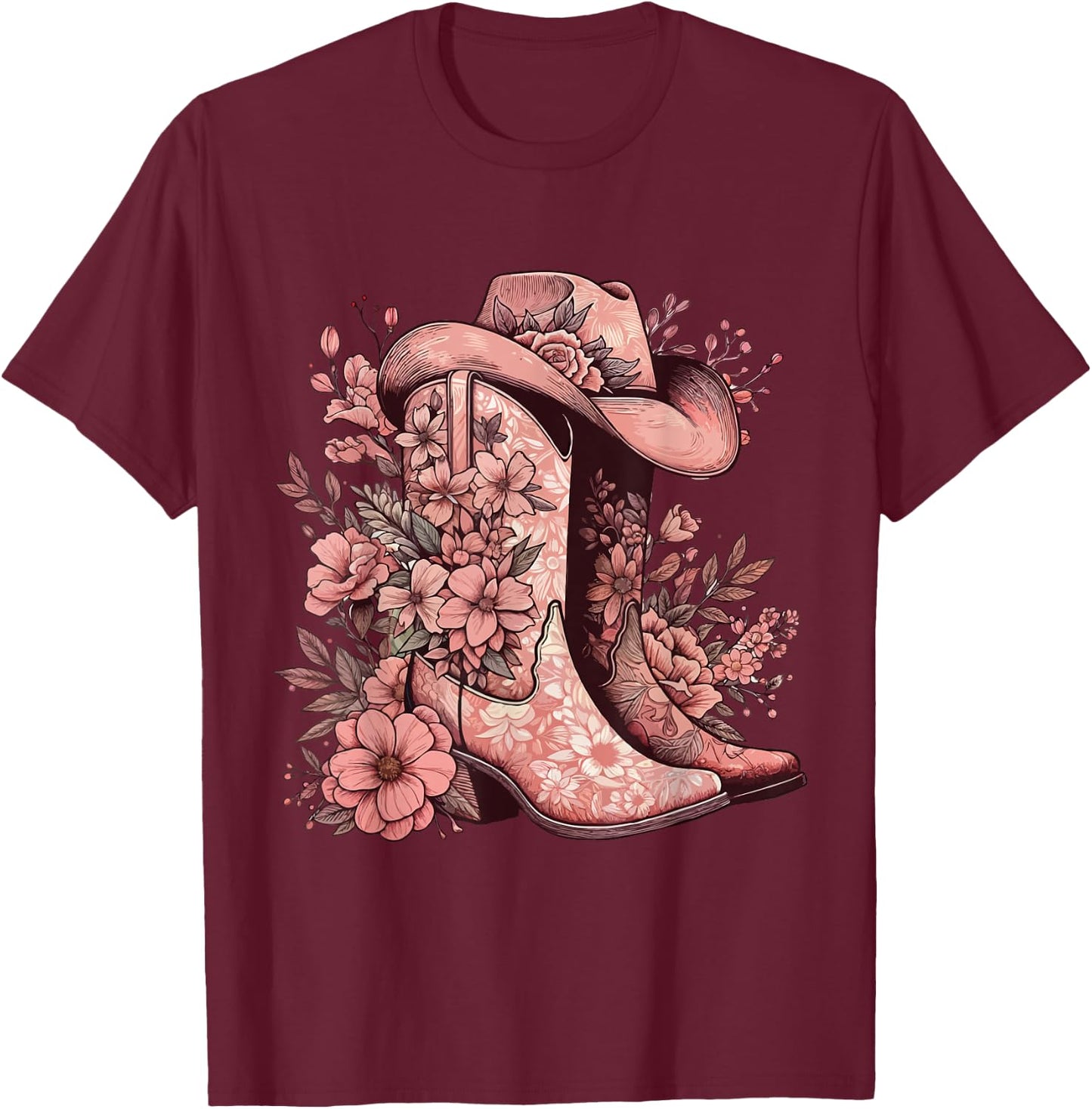 Boho Watercolor Cowgirl Boots Hat Floral Boots Western Boots T-Shirt - T-Shirt | Maroon